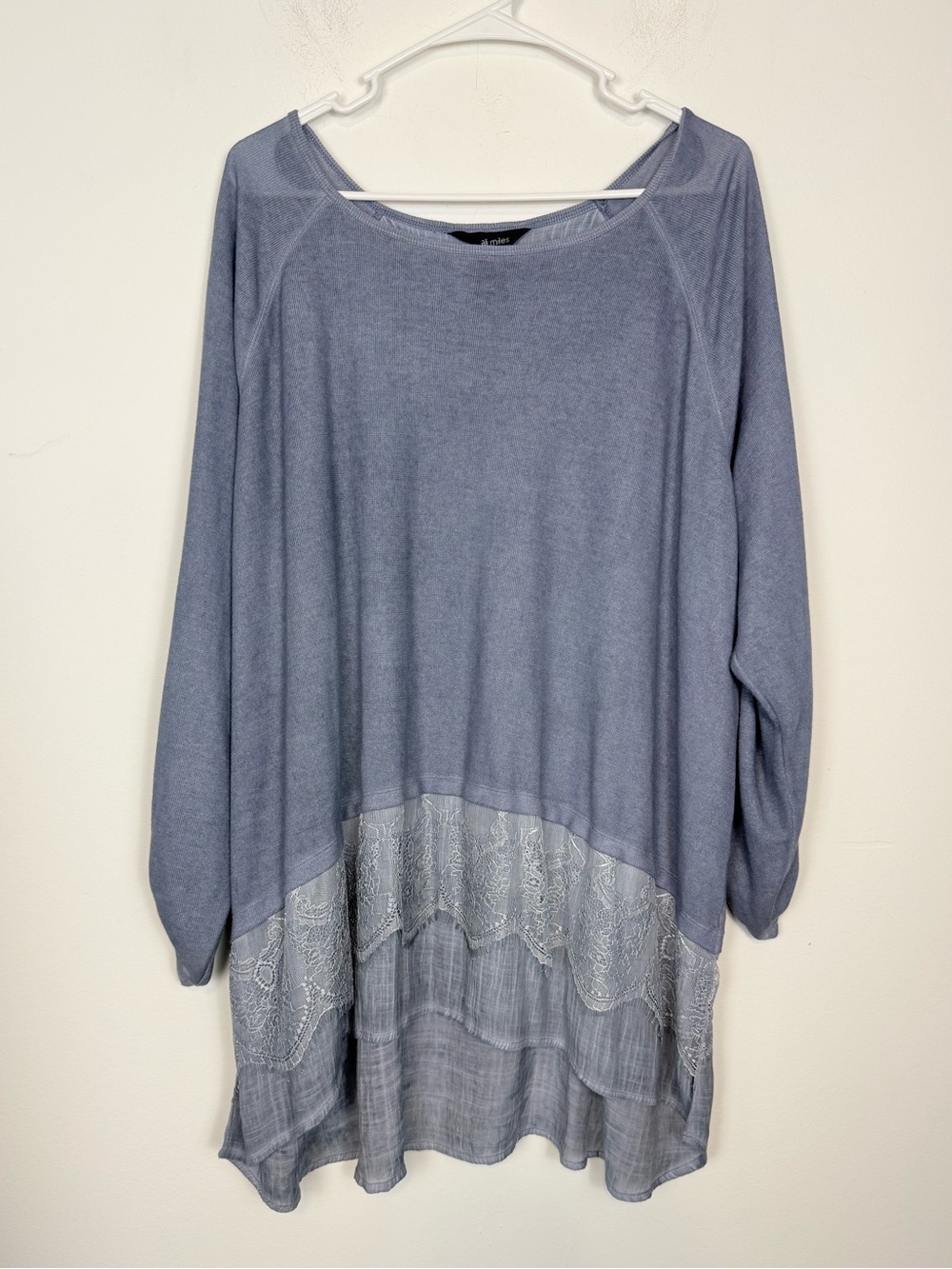 ALI MILES Blue/Gray Layered Lace-Trim Sweater Tunic. Plus Size 3X. Lagenlook.